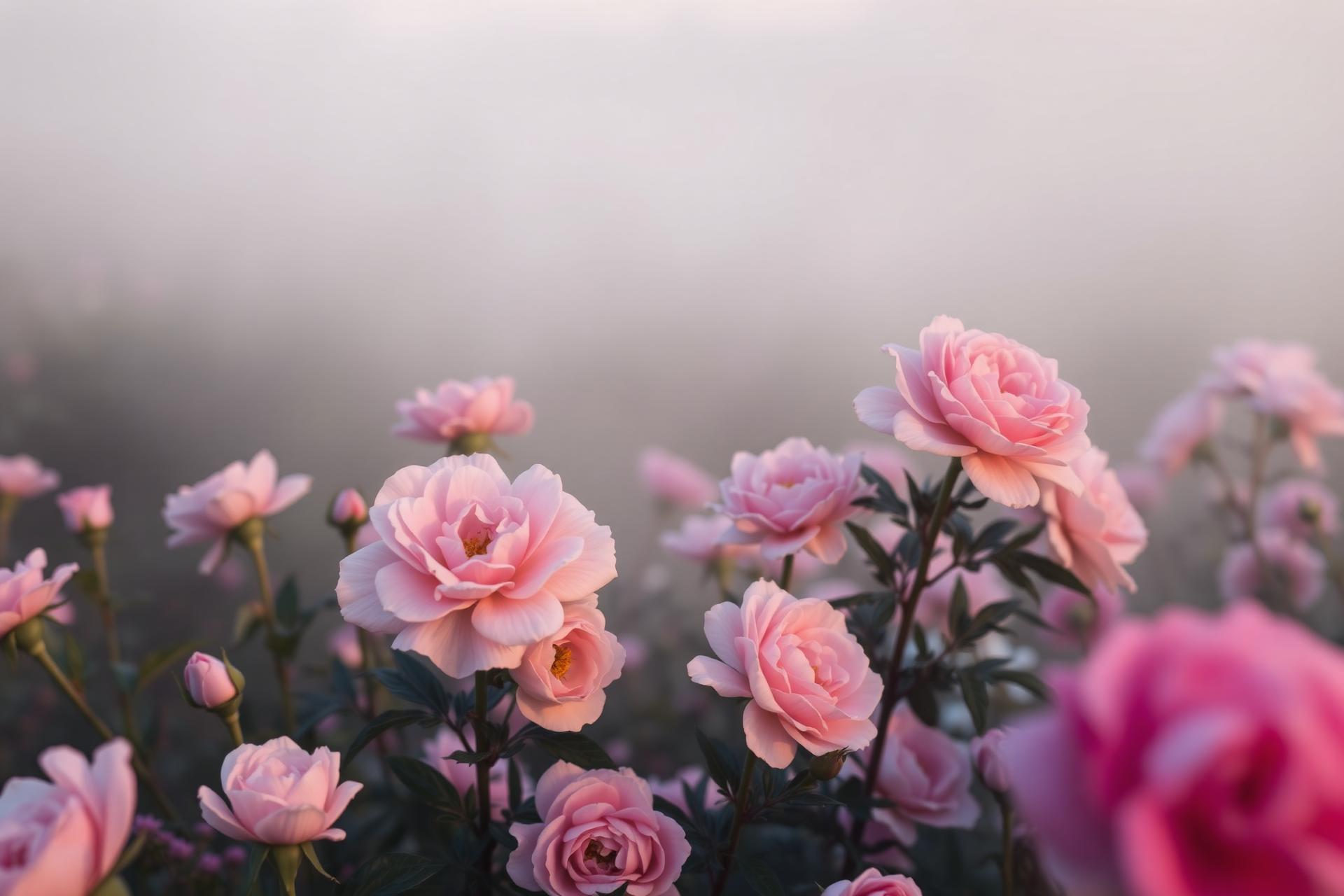 A misty garden of soft pink roses at golden hour